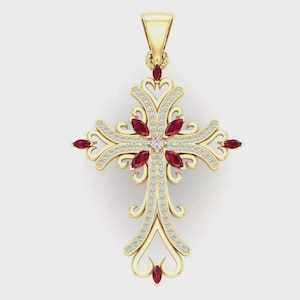 Vintage Ruby Cross Pendant, Pink Ruby Necklace, Victorian Gothic Jewelry, Antique Style Religious Gift, July Birthstone Cross