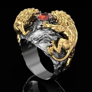 Ring i 14 karat guld med lejon över rubin, diamant, lejonberlock för män, unik lejonring, ring med två lejon för män, rubinring, uttalandering, gåva för djurälskare