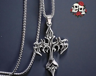 Titanium Flame Cross | Gothic Necklace | Retro Punk | Unisex Jewelry | Pendant for Men Women | Alternative Fashion | Gift for Her | Cross