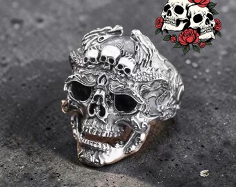 Retro Skull Ring for Men | Silver Gothic Open Ring | Punk Biker Jewelry | Rock & Hip Hop Statement Ring | Dominant Style Gift for Him