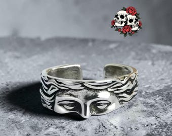 Ring mit griechischer Mythologie | Verstellbarer Halbgesichtsring | Statement-Ring aus Edelstahl | Unisex-Gothic-Schmuck | Antiker griechischer Ring | Geschenk