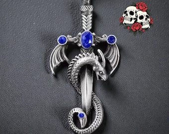 Silber Sapphire Drachen Halskette Krieger Schmuck Oxidized Dragon Anhänger Silber Schwert Halskette Fantasy Geschenk für Männer Frauen
