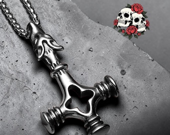 Wikinger-Wolf- und Kreuzkette | Fenrir-Wolf-Anhänger | Schmuck aus Edelstahl, inspiriert von der nordischen Mythologie | Hammer-Amulett | Wikinger-Geschenk für Männer