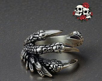 Vintage Drachenklauen verstellbarer Ring | Adler Ring aus Tibetsilber | Punk Gothic Schmuck für Männer & Frauen | Silber Aufdruck Ring