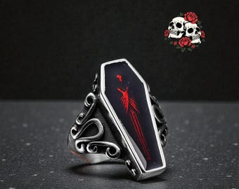 Gothic Sarg Ring Edelstahl Vampir Punk Ring Rock Statement Schmuck Einzigartiges Gothic Geschenk für Männer Frauen Gothic Geschenk