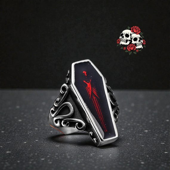 Gothic Coffin Ring Stainless Steel Vampire Punk Ring Rock Statement Jewelry Unique Gothic Gift for Men Women Gothic gift