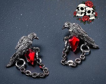 Rote und schwarze Krähe Ohrringe | Dunkler Retro-Stil | Einzigartig Modeschmuck | und Urlaub Party Zubehör für Frauen | Gothic Geschenk