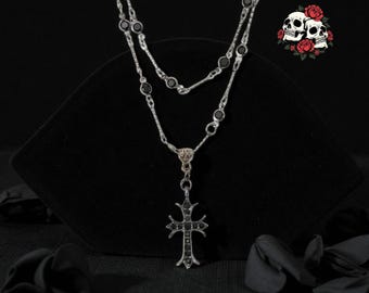 Gothic schwarze Doppel Kreuz Halskette | Dark Zircon Perlen und Perlen-Halskette | Geometrische Metall Modeschmuck für Damen | Gothic Outfit