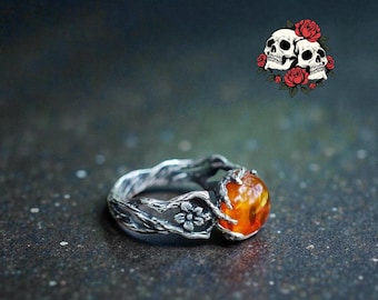 Gothic Bernstein Blume Ring | Vintage Schmuck | Helle Blumen-Zink-Legierung Ring für Frauen | Boho Gothic Ästhetik Geschenk | Geschenk | Gothic Schmuck