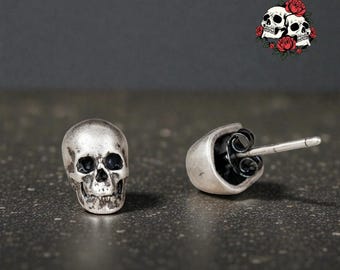 Pendientes de calavera de plata de ley: joyería punk gótica con personalidad, pendientes de calavera vanguardistas, joyería punk alternativa de plata.