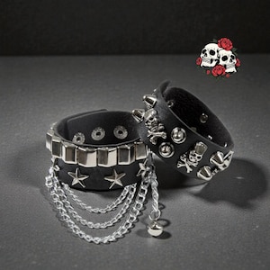 Pulseras góticas punk para mujer, estilo bohemio, con remaches de calavera de cuero sintético, cadena de metal y colgante de bola, conjunto de joyería punk para festivales, joyería gótica.
