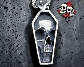 Sargschädel-Halskette | Gothic-Sarganhänger | Biker-Halskette aus Legierung | Schmuck im dunklen Stil | Geschenk für Sie und Ihn | Gothic-Halskette