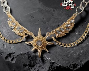 Gothic Flügel Halskette für Männer und Frauen | Weiß oder dunkel schwarz Gold Anhänger | Dark Punk Ästhetischer Schmuck | Moderne und glänzende Geschenk Halskette