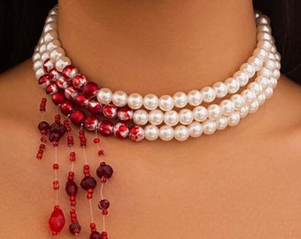 Bloody Pearl Choker Necklace, Handmade Gothic Jewelry, Edgy Cosplay Accessory, Elegant Halloween Necklace, Alternative Fashion -Gift for her