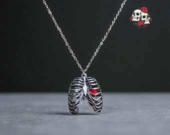 Dark Gothic Skelett Herz Anhänger Halskette | Punk Anatomie Organ Schmuck | Vintage Retro medizinische Biologie Brustkorb Anhänger für Männer Frauen Paare