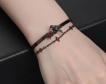Gothic Armband für Frauen | Dunkle Sommerblumen und Raben Manschette | Gothic Handgelenk Kette | Party Schmuck | Einzigartiges Geschenk für Sie | Schwarzer Rabe
