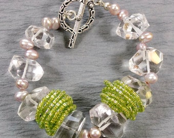 Rock of Ages ~ Rock Crystal, Green seed beads Cultured Pearl  and Sterling Silver Cuff Bracelet