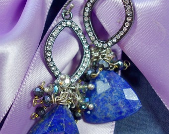 Julianna ~ Lapis and White Topaz Sterling Silver Cluster Dangle Earrings