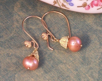 Classic Pearl Earrings for the Bride - Pink Pearls set in 24kt Gold Vermeil
