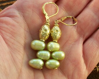 Kiwi Green Pearl and Gold Vermeil Earrings ~ Wedding Collection