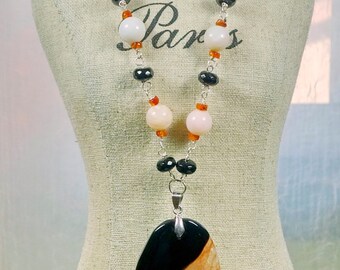 Boho Resort Wear Trending Bold Statement Peach and Black Agate Pendant