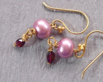 Lavender Pearl and Garnet Vermeil Earrings ~ Wedding Collection