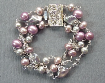 Pearl Bracelet and matching Earrings ~ Lavender/Sterling Grey and Keshi Pearl  ~  Wedding Collection