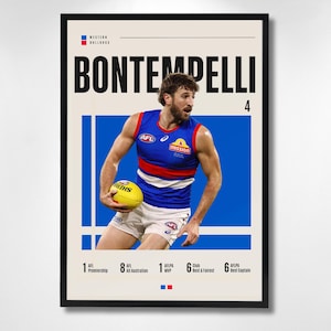 May include: A framed poster featuring a Western Bulldogs athlete named Bontempelli in a blue, red, and white uniform holding a yellow Sherrin football. The design includes the text 'BONTEMPELLI', '4', and statistics for premierships, All Australian, MVP, and awards.