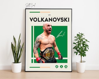 May include: A framed poster featuring UFC fighter Volkanovski. The poster has a green and cream color scheme with the fighter's name in bold black letters. The poster includes the UFC logo, a signature, and the fighter's stats.