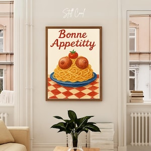 Pôster Bonne Appetitty – Arte de parede com comida divertida | Decoração de cozinha ousada | Impressão digital de espaguete para download em PDF