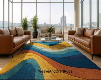 Handmade Colorful Wave Pattern Rug for Living Room | Soft Plush Area Rug in Blue, Yellow, and Orange | Modern Abstract Rug for Home Decor