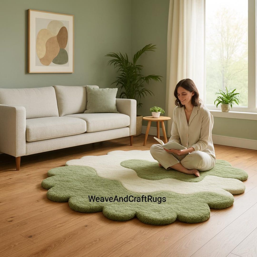 Cloud Shape Rug Handmade Cloud Shaped Rug for Kids | Soft Plush Green & White Area Rug ...