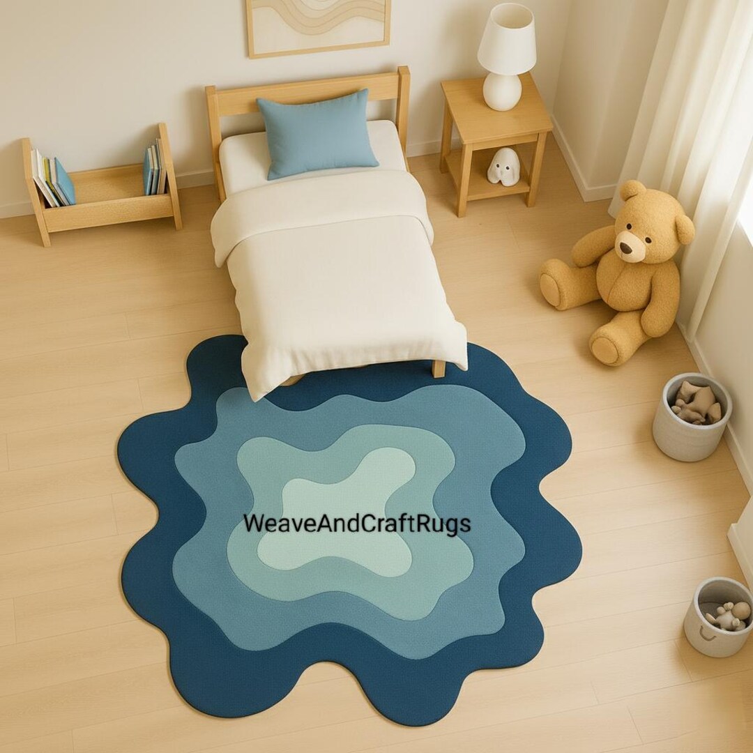 Hand Tufted Irregular Area Rug 5x8 8x10 9x12 Modern Wavy Blue Ocean Rug ...