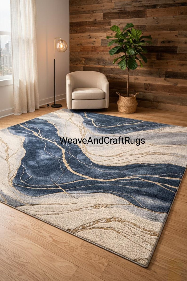 Hand Tufted Geometric Navy Blue Gold Marble Abstract Area Rug Modern ...