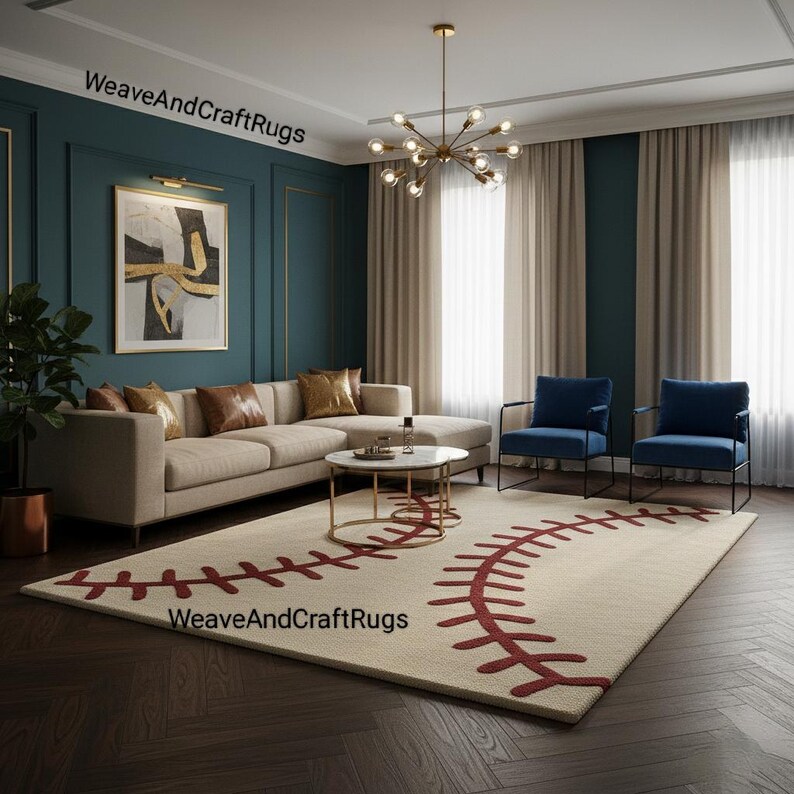 Baseball Rug Drawing Baseball Stitch Pattern Area Rug Off-white and Deep Red Rectangle ...