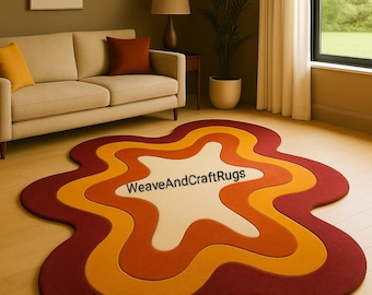 Retro Sunset Wavy Rug | Handmade Tufted Abstract Area Carpet | Burnt Orange Mustard Cream Blob Rug | Modern 70s Aesthetic Living Room Decor