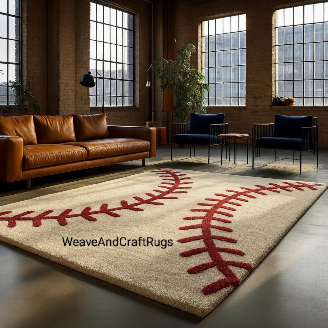 Baseball Stitch Pattern Area Rug Off-white and Deep Red Rectangle ...