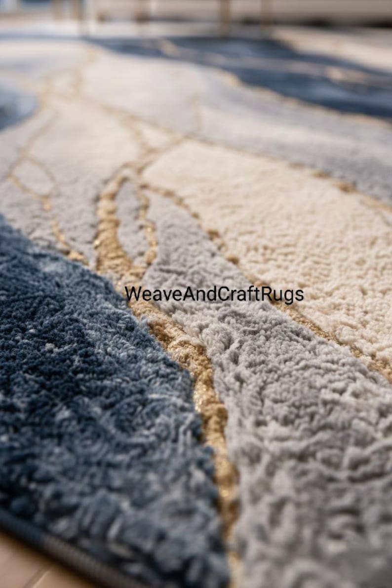 Hand Tufted Geometric Navy Blue Gold Marble Abstract Area Rug Modern ...