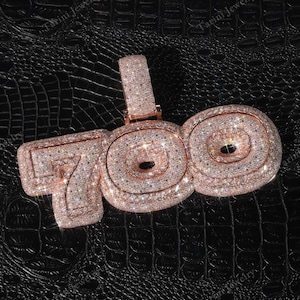 Custom Number Pendant, Iced Out Bubble Style, Rose Gold 925 Silver, Moissanite Hip Hop Necklace, 3.20 Inches Width