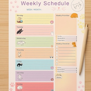 Planificador semanal Lazy Cat _ Lindo horario imprimible _ Pastel A4 y carta de EE. UU. _ Organizador de descarga digital para mujeres y estudiantes