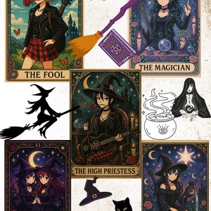 Mini carte dei tarocchi anime stampabili - Mazzo di tarocchi di streghe carine - Arte murale digitale dei tarocchi - Clipart PDF PNG - Clipart PDF PNG - Il Matto, il Mago, l'Amore