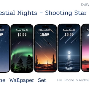 Shooting Star Phone Wallpaper Set – 5 PNG Designs for iPhone & Android, Celestial Sky Digital Download, Night Sky Aesthetic
