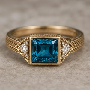 May include: A gold ring with a square, teal gemstone at its centre, and two smaller, round, clear gemstones. The ring's band has an intricate, engraved design. The ring is set against a neutral background.