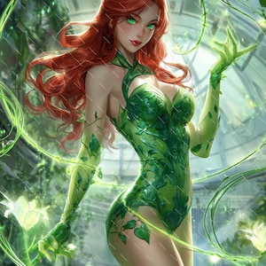 May include: Digital art print of a woman with red hair and green eyes, wearing a green bodysuit with leaf details. The image has the text "MythwaveArt" in the top and bottom corners. The background features green vines and white flowers.