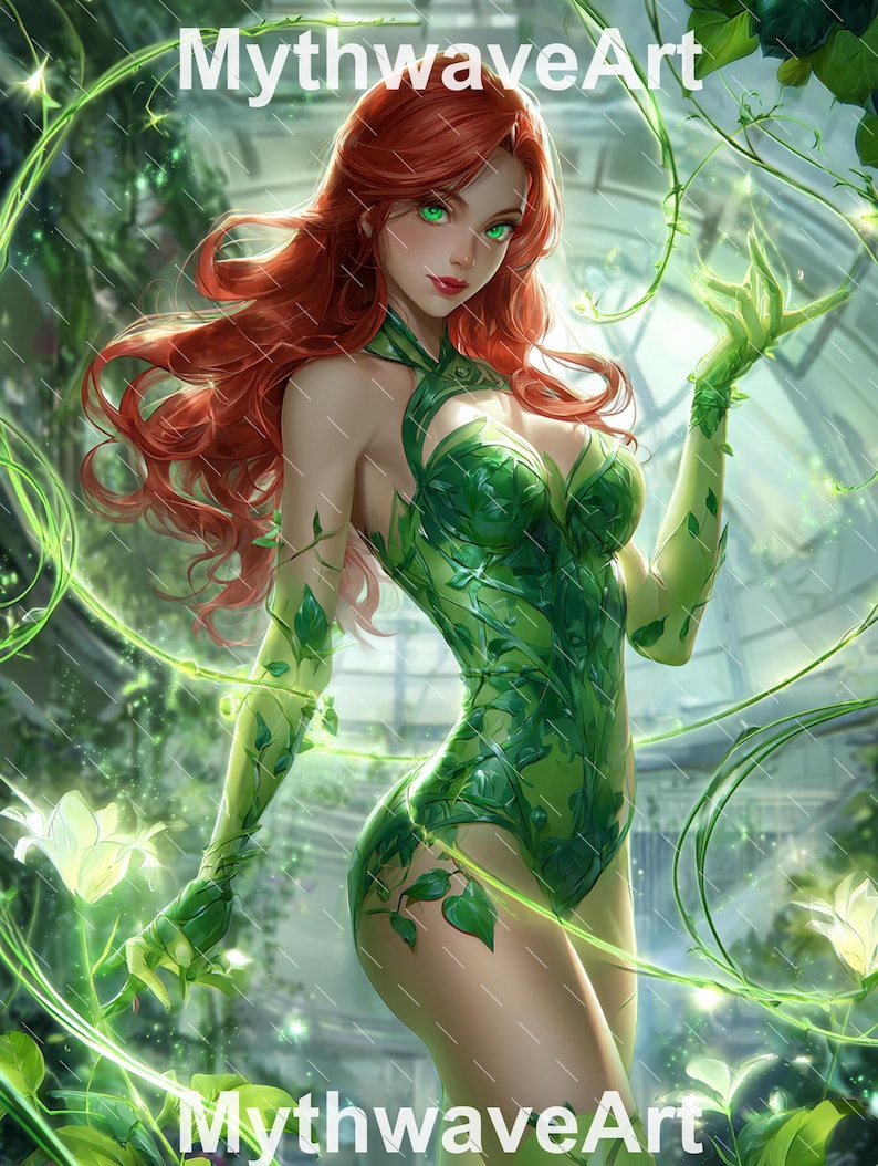 May include: Digital art print of a woman with red hair and green eyes, wearing a green bodysuit with leaf details. The image has the text "MythwaveArt" in the top and bottom corners. The background features green vines and white flowers.