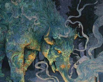 Baku Dream Eater Art Print – Japanese Mythical Forest Scene (Digital Download)