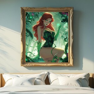 May include: An art print in a gold frame, depicting a woman with red hair and green details, set in a verdant environment. The artwork is a decorative piece, adding a touch of elegance to the room's decor.