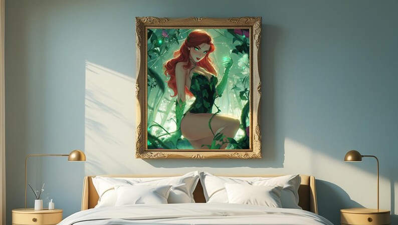 May include: An art print in a gold frame, depicting a woman with red hair and green details, set in a verdant environment. The artwork is a decorative piece, adding a touch of elegance to the room's decor.