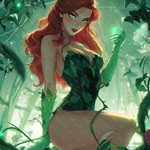 May include: Digital artwork depicting a woman with red hair and green eyes, dressed in a green leaf-themed costume. The image includes the text "MythwaveArt" in white. The background features dense foliage and flowers, evoking a fantasy setting.