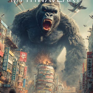 Hyperrealistic King Kong Art | Futuristic Tokyo Monster Print | Giant Ape on Skyscraper | Sci-Fi Urban Battle Scene | 8K Cinematic Wall art